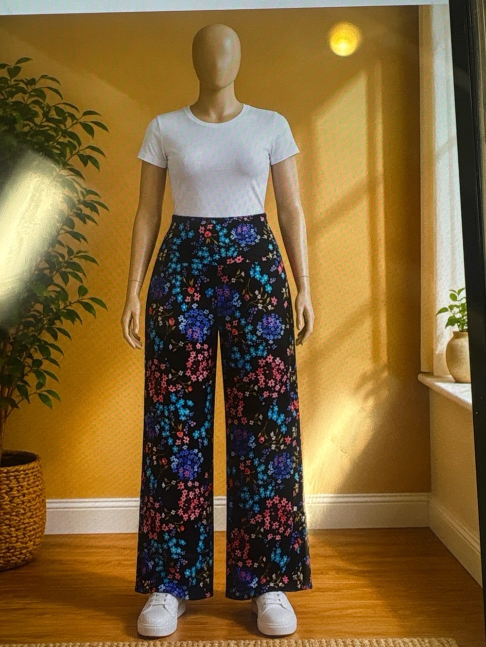 High-Rise Wide-Leg Floral Pants in Black with Blue & Pink Accents